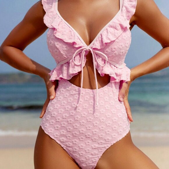 Pink Cute Women's Beach Vacation Jacquard Ruffle Trim One-Piece Swimsuit - Picture 3 of 8